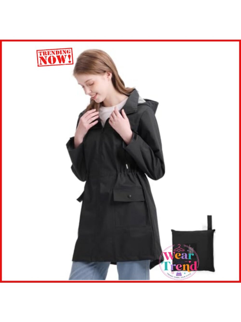 Waterproof Rain Jacket Lightweight Windbreaker Hooded Trench Coat Drawstring